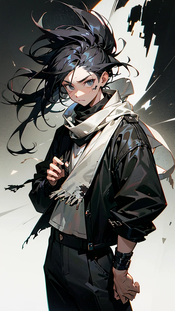 **Hair**: Black
- **Scarf**: Ragged, worn around the neck, possibly torn at the edges
- **Clothing**:
- **Top**: Black and white jacket over a black and white shirt
- **Bottom**: Black pants
- **Distinguishing Feature**: A prominent scar on the face