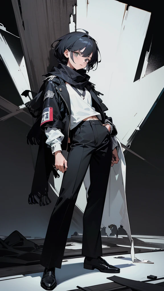 **Hair**: Black
- **Scarf**: Ragged, worn around the neck, possibly torn at the edges
- **Clothing**:
- **Top**: Black and white jacket over a black and white shirt
- **Bottom**: Black pants
- **Distinguishing Feature**: A prominent scar on the face