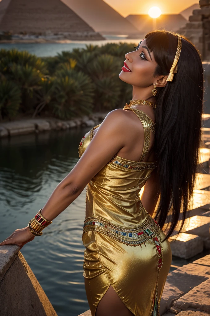 ultra realistic, Egyptian pyramid and river background , cleopatra milf, 38 year old, ( long decorated (cleopatra dress)), (back view), touch herself sensually, long dark weavy hair, red lips, sensual smile, medium breast, cleopatra jewlery, look at viewer, red sun light, 8k