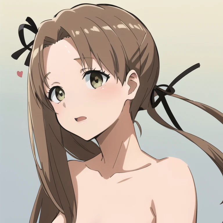 highly detailed eyes. sharp focus, confused, highest quality, 1 girl, alone, small breasts, (light brown hair, long hair, blunt bangs, bangs), (green ribbon, hair ribbon) yellow eyes,naked,Bukkake