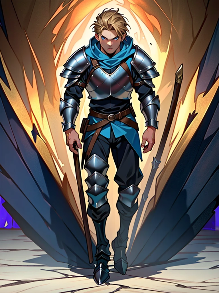 1man, (male), (medieval rogue:1.6), rouge, (armor plates on torso:1.2), no armor on hands, medieval clothes, (full body:1.5), ((glowy blue eyes)), ((dark blonde hair)), (masterpiece, ccurate, anatomically correct, textured skin, super detail, high details, high quality, best quality, highres, 4K), character design, (UHD, 8K, award winning, high quality, masterpiece, ccurate), (((cinematic light))), ((medieval theme)), ((do not go beyond the edges of the image:1.8)), (((detailed background))), (((rating:safe)))