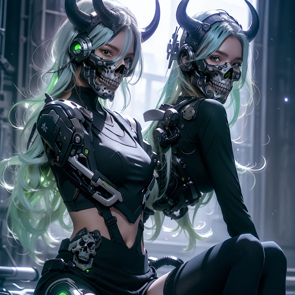 cyborg, 1girl, wasp waist, wide hips, small breasts, light blue hair, cybernetic helmet with metallic luster in the shape of a skull with horns and blue LEDs, CyberskullAI panties, highleg panties futubot CyberskullAI, armor, night time, realistic, masterpiece, ultra detailed, 8k, epic realistic, beautiful