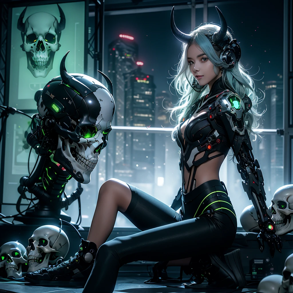 cyborg, 1girl, wasp waist, wide hips, small breasts, light blue hair, cybernetic helmet with metallic luster in the shape of a skull with horns and blue LEDs, CyberskullAI panties, highleg panties futubot CyberskullAI, armor, night time, realistic, masterpiece, ultra detailed, 8k, epic realistic, beautiful