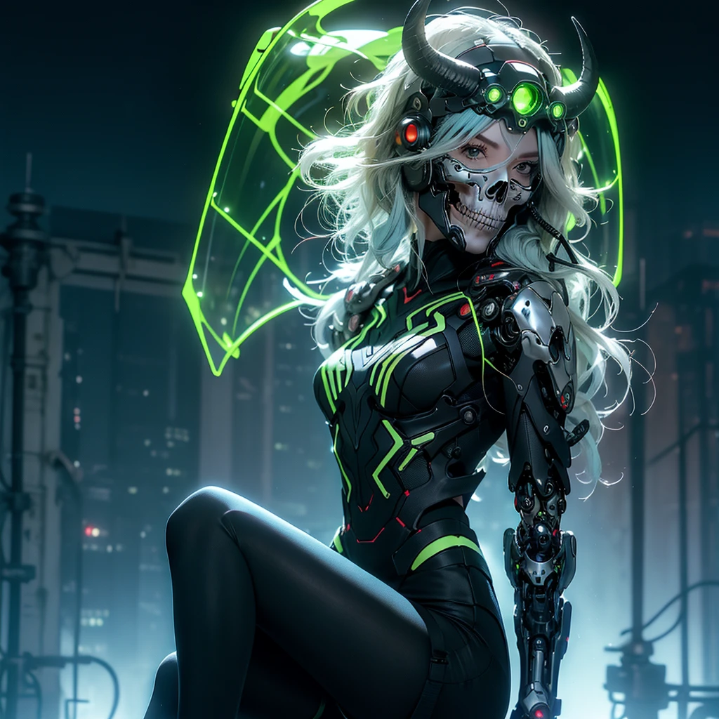 cyborg, 1girl, wasp waist, wide hips, small breasts, light blue hair, cybernetic helmet with metallic luster in the shape of a skull with horns and blue LEDs, CyberskullAI panties, highleg panties futubot CyberskullAI, armor, night time, realistic, masterpiece, ultra detailed, 8k, epic realistic, beautiful