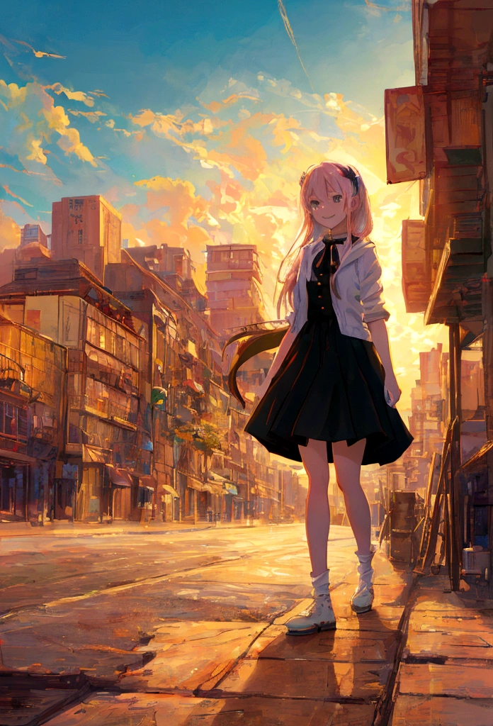 (8K,highest quality, Ultra-high resolution:1.5, masterpiece:1.3),Anime Style8k, anime art wallpaper 8k, anime art wallpaper 4k, Anime Art Wallpapers 8K, Anime Wallpaper 8K, anime wallpaper 4k, Anime atmosphere, Anime Style. 8k, A smiling girl on a street corner illuminated by the morning sun