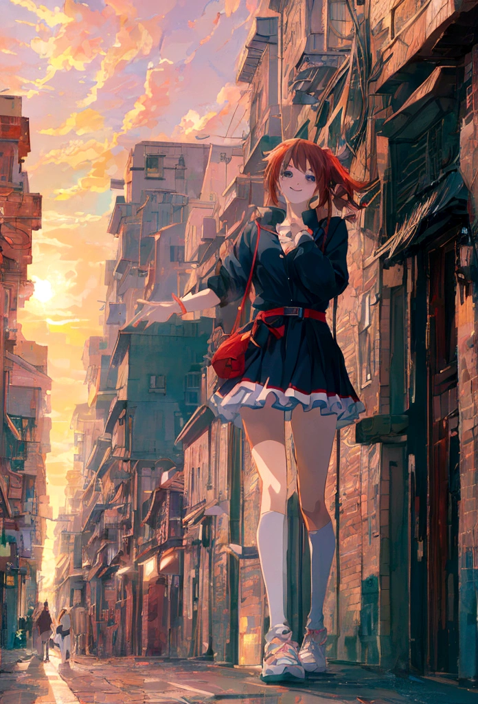 (8K,highest quality, Ultra-high resolution:1.5, masterpiece:1.3),Anime Style8k, anime art wallpaper 8k, anime art wallpaper 4k, Anime Art Wallpapers 8K, Anime Wallpaper 8K, anime wallpaper 4k, Anime atmosphere, Anime Style. 8k, A smiling girl on a street corner illuminated by the morning sun