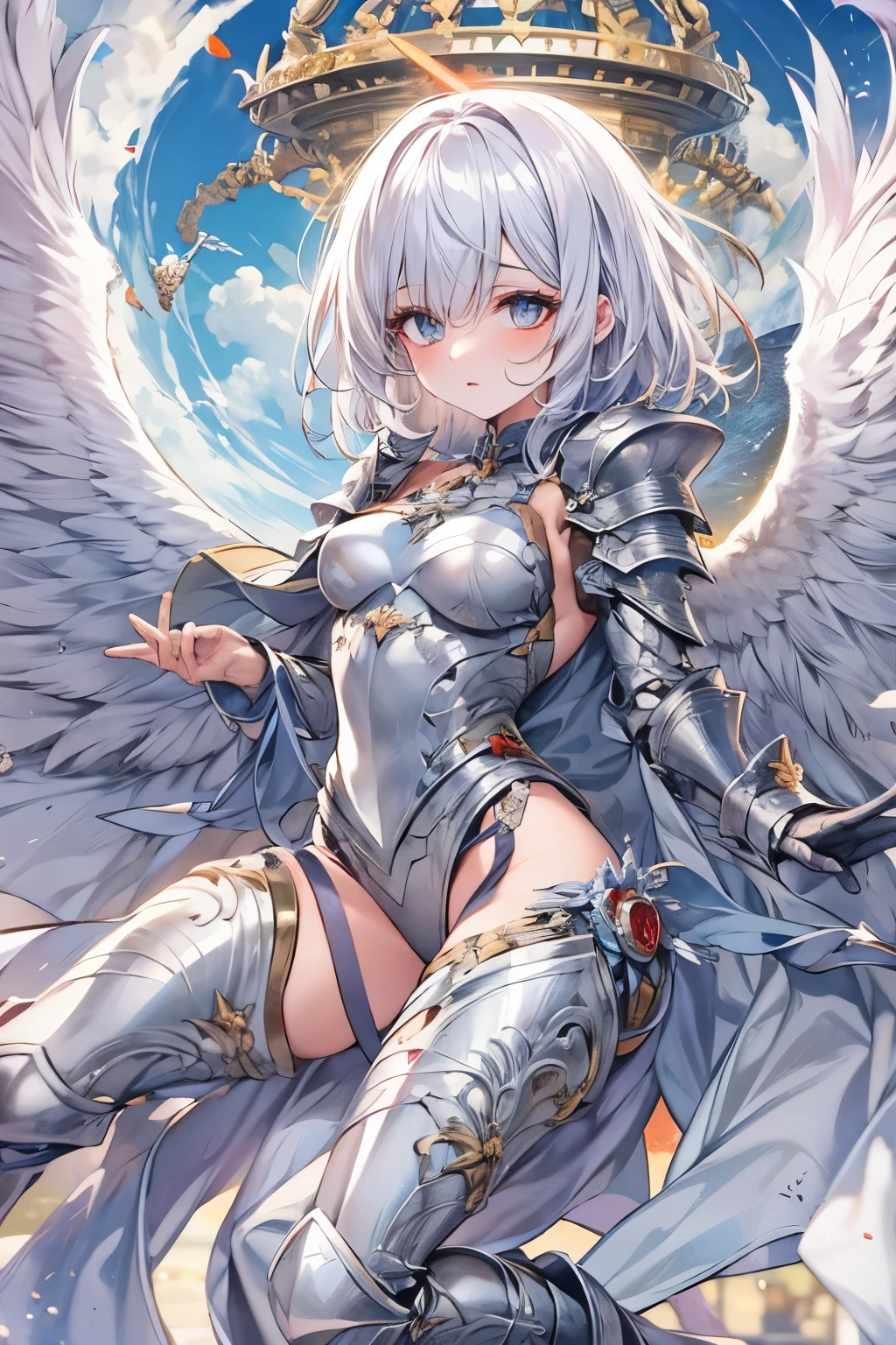 fantasy, 1angel_girl,very_young_, ,silver_hair, short_hair, long_bangs, halo,bare_shoulder,thighhighs,silver_armor, waist_armor, large_breasts,half_eyes,1pair_wings, dynamic_pose_fighting,floating, bare_crotch, headgear,gauntlet, greaves,city_background,slightly_spread_legs, solo, groin_naked,tan_skin,hair_over_one_eye,