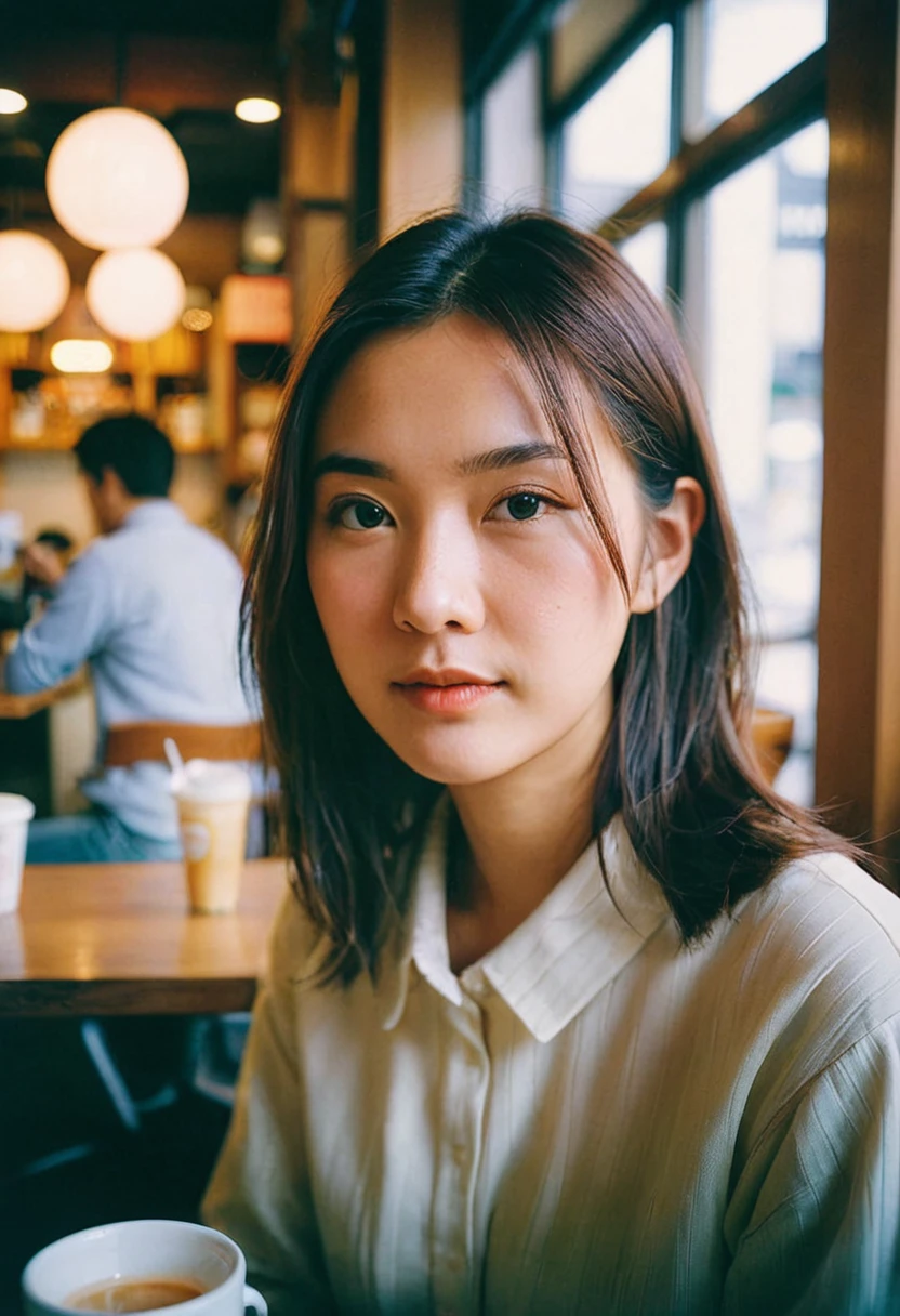 a portrait of MagMix Girl, in muji cafe, double exposure scene, analog film photo, Kodachrome.