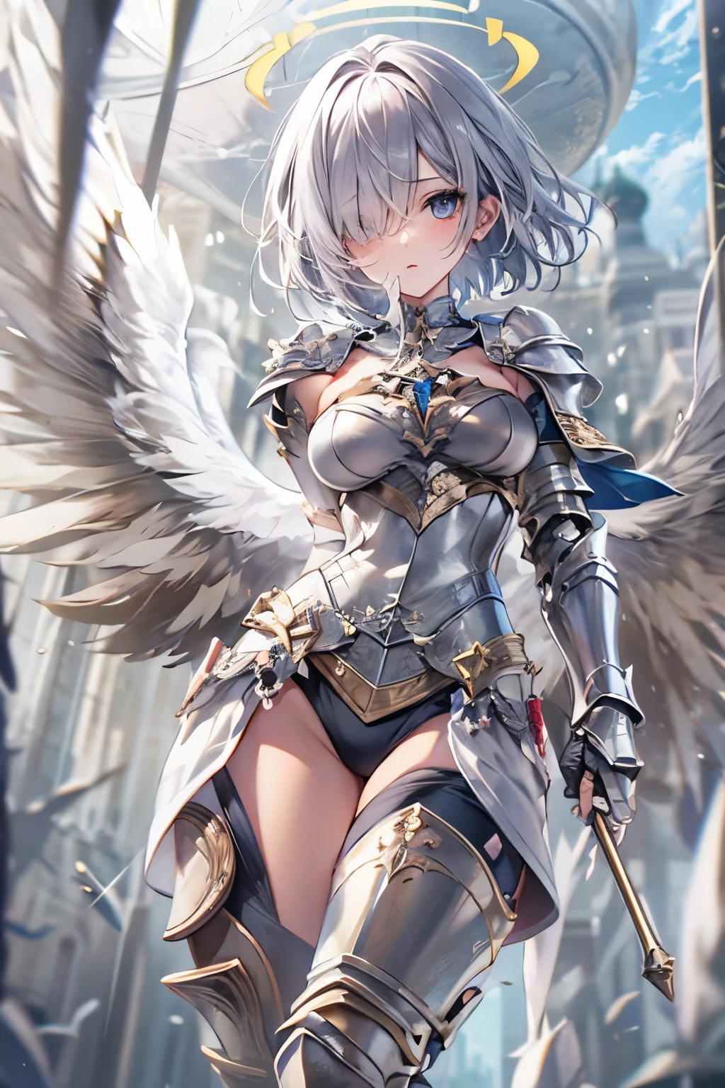 fantasy, 1angel_girl,very_young_teen, ,silver_hair, short_hair, long_bangs, halo,bare_shoulder,thighhighs,silver_armor, waist_armor, large_breasts,half_eyes,1pair_wings, dynamic_pose_fighting,floating, bare_crotch, headgear,gauntlet, greaves,city_background,slightly_spread_legs, solo, groin_naked,tan_skin,hair_over_one_eye,