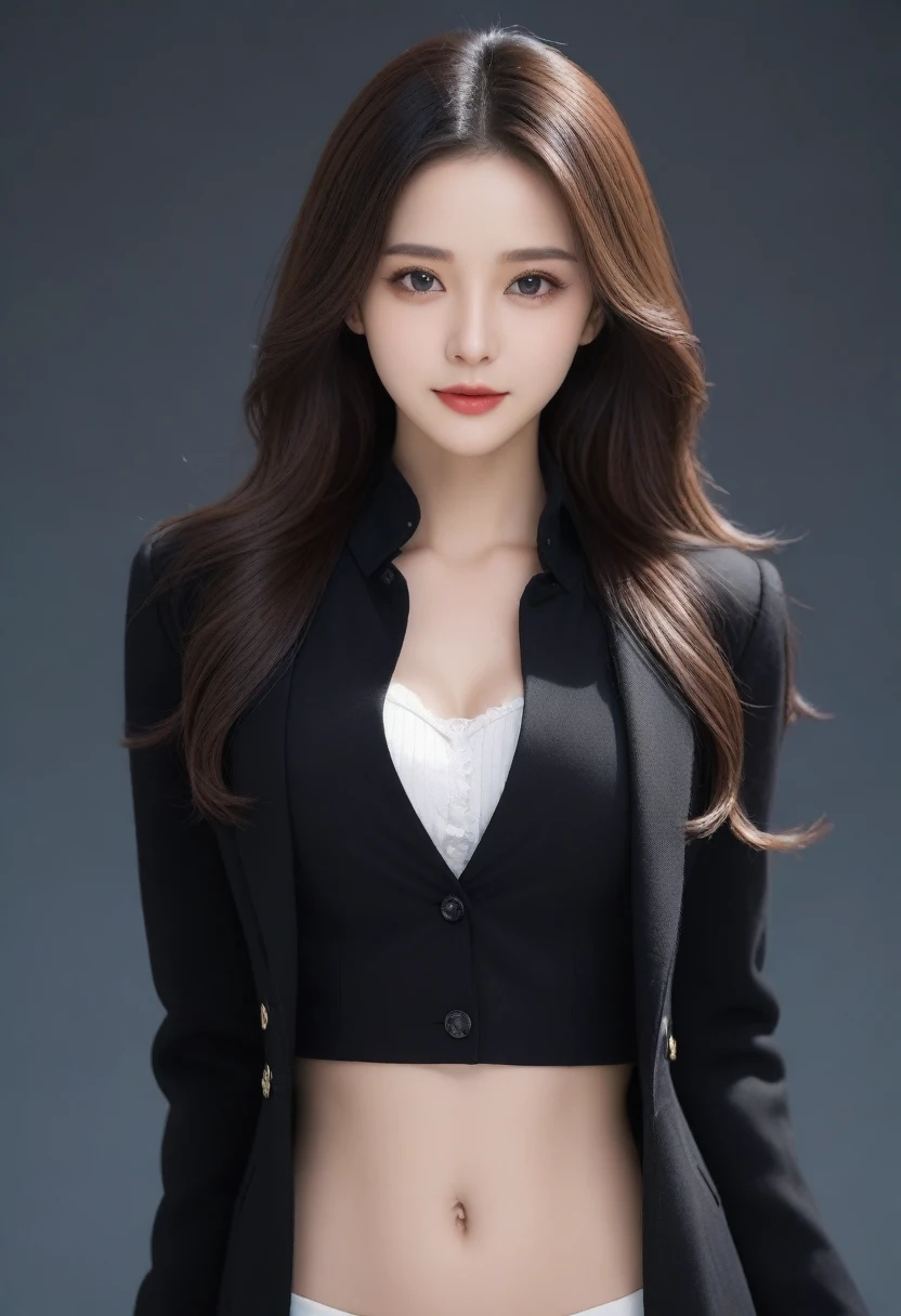 ((top quality、8K、masterpiece:1.3))、Beautiful woman with perfect body:1.4、slim abdomen:1.2、long hair, normal breast, Highly detailed face and skin textures, eye for detail, delicate eyes, double eyelid, (laugh), (full body shot), (((Wearing a black coat and white uniform)), Looking Ahead, hair back