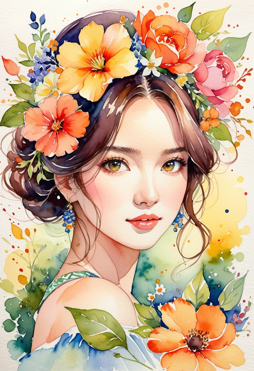 A very detailed watercolor painting，Depicting a beautiful woman with flowers in her hair