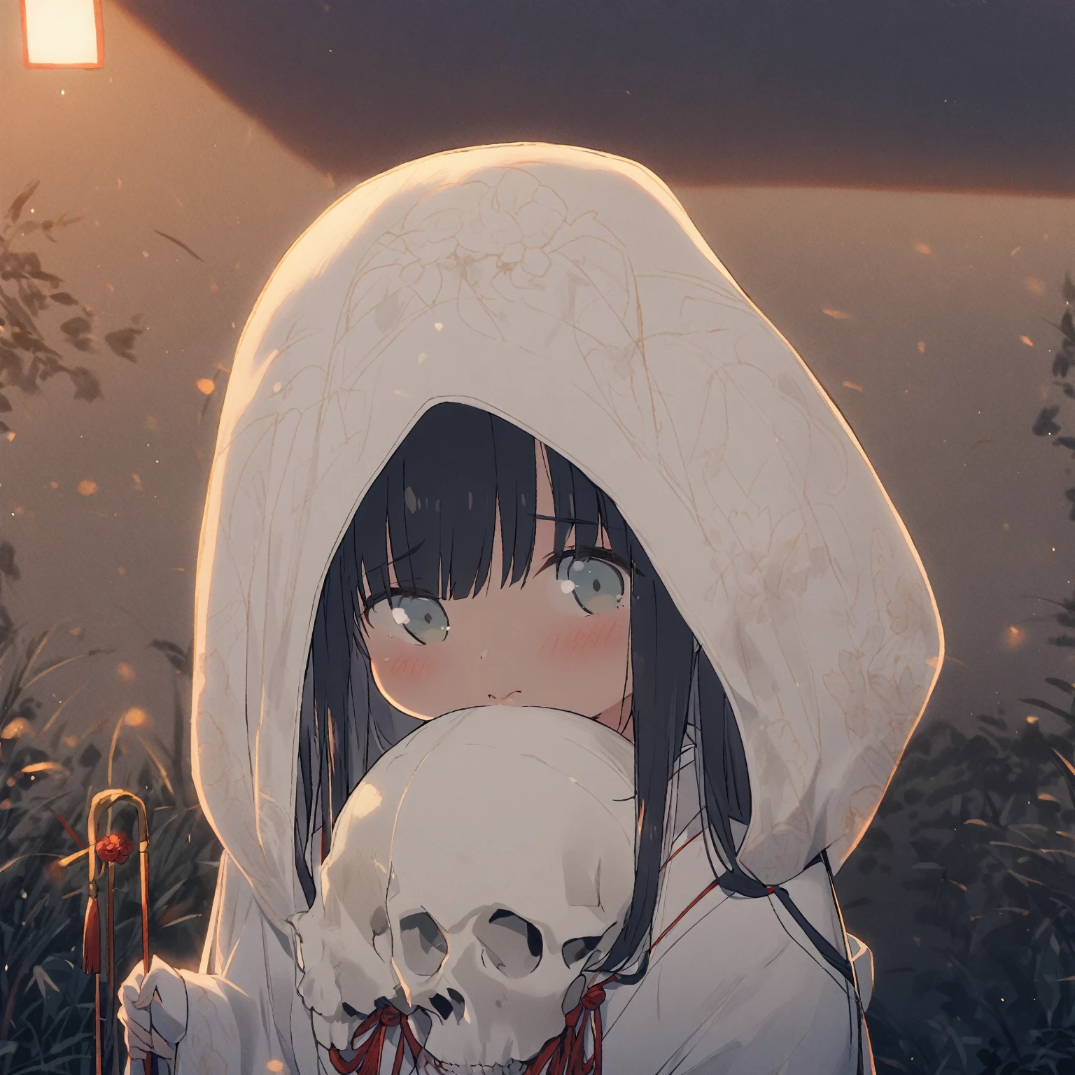 1girl、Black hair, long hair、white kimono,wedding,wataboushi,uchikake,standing,white hood,、shiromuku、 skull, cheeks to skull, evening,faint light、deep shadows、