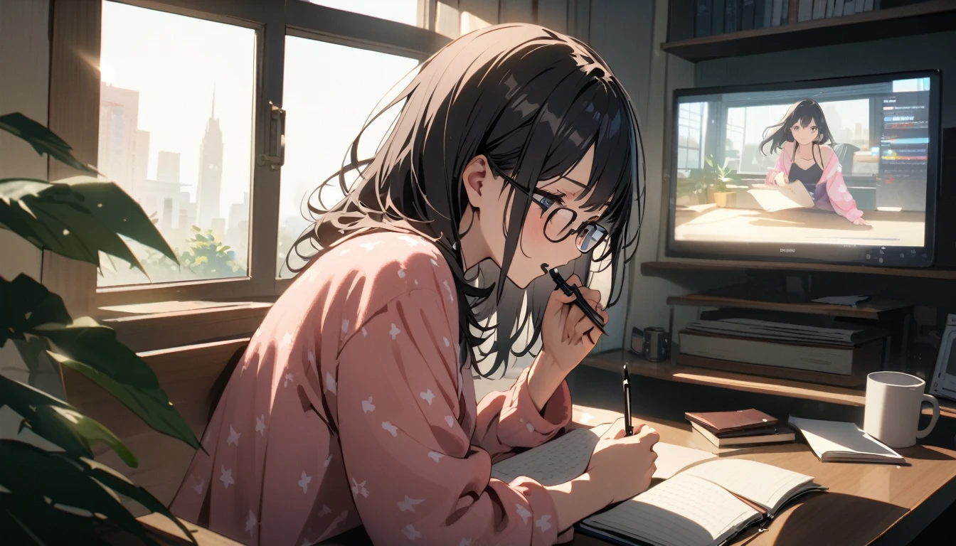 A beautiful female college student, By the window, Large screen, Stare at the video on the screen, high rise cafe, window leading to white desk, high place,  overlooking, notebook, holding a pen and a mug in hand, glasses, black hair, midsummer loungewear, ((flank skin)), intellectual atmosphere, lighting, knowledge, scholarship, study tools, enthusiasm, calm environment, enthusiasm, immersion, inquisitiveness, research,　concentration, sense of accomplishment, cinematic lighting, Sony FE GM, masterpiece, top quality, 4K, academic atmosphere, (masterpiece), (best quality), ultra-high res, sharp focus, beautiful detailed hair