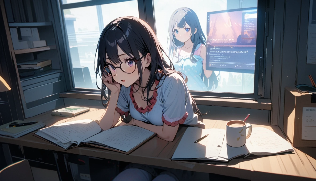 A beautiful female college student, By the window, Large screen, Stare at the video on the screen, high rise cafe, window leading to white desk, high place,  overlooking, notebook, holding a pen and a mug in hand, glasses, black hair, midsummer loungewear, ((flank skin)), intellectual atmosphere, lighting, knowledge, scholarship, study tools, enthusiasm, calm environment, enthusiasm, immersion, inquisitiveness, research,　concentration, sense of accomplishment, cinematic lighting, Sony FE GM, masterpiece, top quality, 4K, academic atmosphere, (masterpiece), (best quality), ultra-high res, sharp focus, beautiful detailed hair