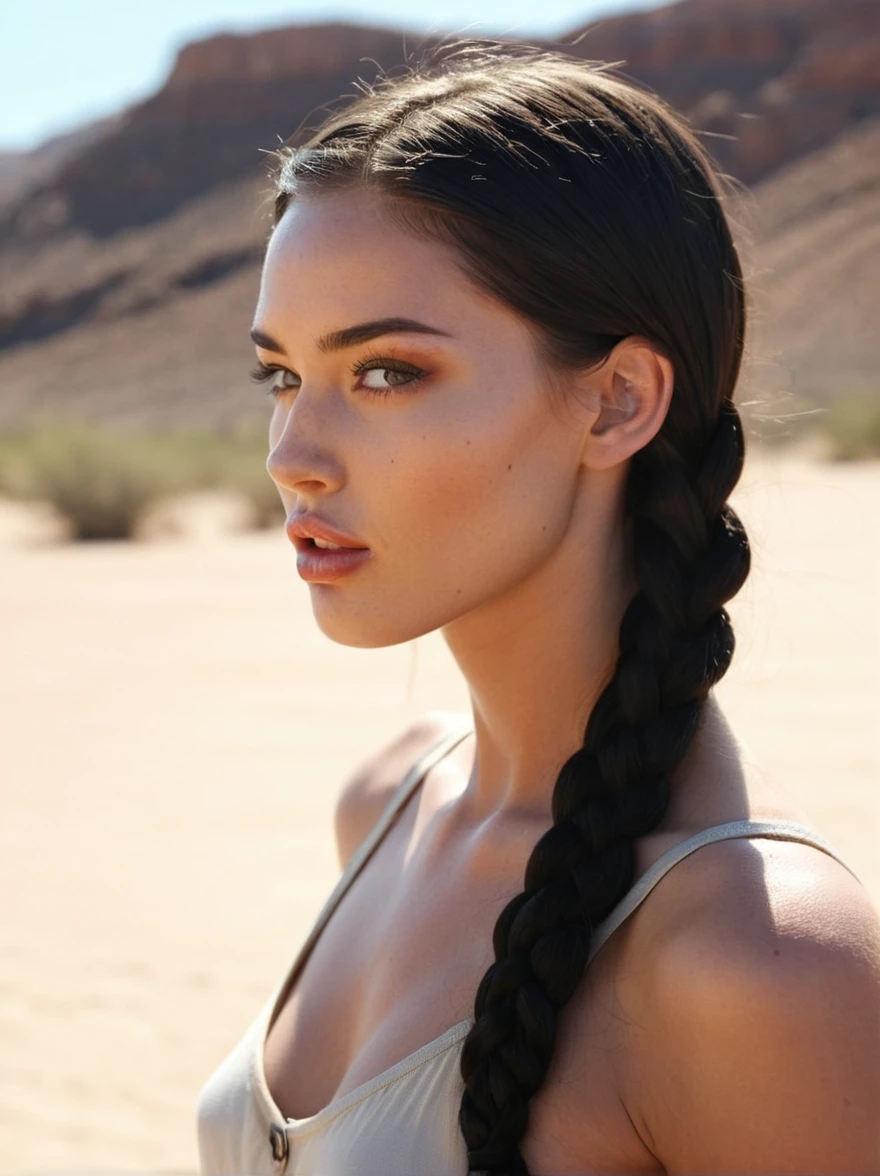 a realistic instagram photo of a [ really beautiful exotic androgynous supermodel 19 year old woman] , with [long, dark hair in sleek braids] , looks like [Megan FOX] and [Adriana Lima], light makeup, looking [innocent, cute, flushed] , desert [light] skin --ar 9:16 --stylize 750 --v 6