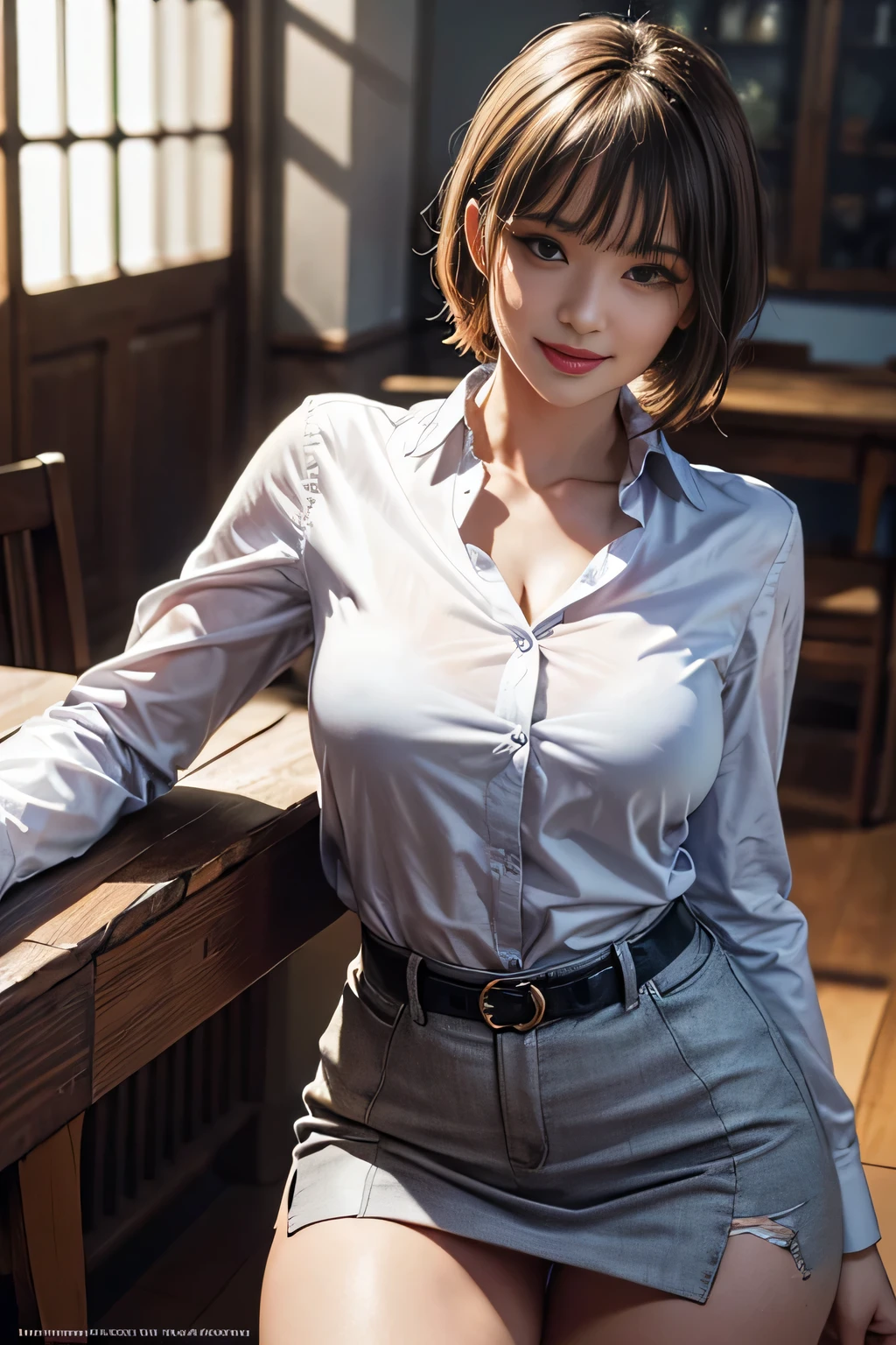 Tabletop, highest quality, Realistic, Very detailed, In detail, High resolution, 8k wallpaper, 1. Beautiful woman, middle aged, Pixie Cut, Big Breasts, Wear a suit and blouse with a tight miniskirt, Thighs, Sharp focus, Perfect dynamic composition, Beautiful details, Thin Hair, Detailed and realistic skin texture, smile, Model Body Type