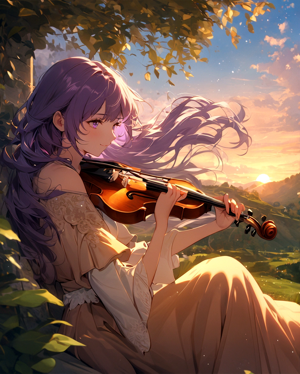 a girl with a violin,sunset,golden rays of sunlight,hills and meadows,beautiful detailed eyes,flowing hair,ethereal atmosphere,soft and soothing colors,romantic vibe,warm lighting,lush greenery,harmonious blending of nature and music,melodic sound of the violin,peaceful and serene setting,otherworldly experience,emotionally captivating,artistic masterpiece,high resolution image,delicate strokes of a brush,vibrant colors,classic artwork feel,magical and dreamlike ambiance, shokokomidef, purple hair, purple eyes, long hair, smile