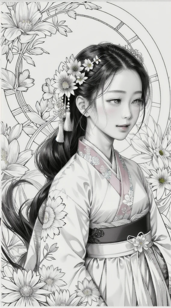 Masterpiece, Best Quality, 1girl, Head Close-up, Hanfu, Fantasy, Flower, Flower Line Drawing Background, Art Line, Monochrome,