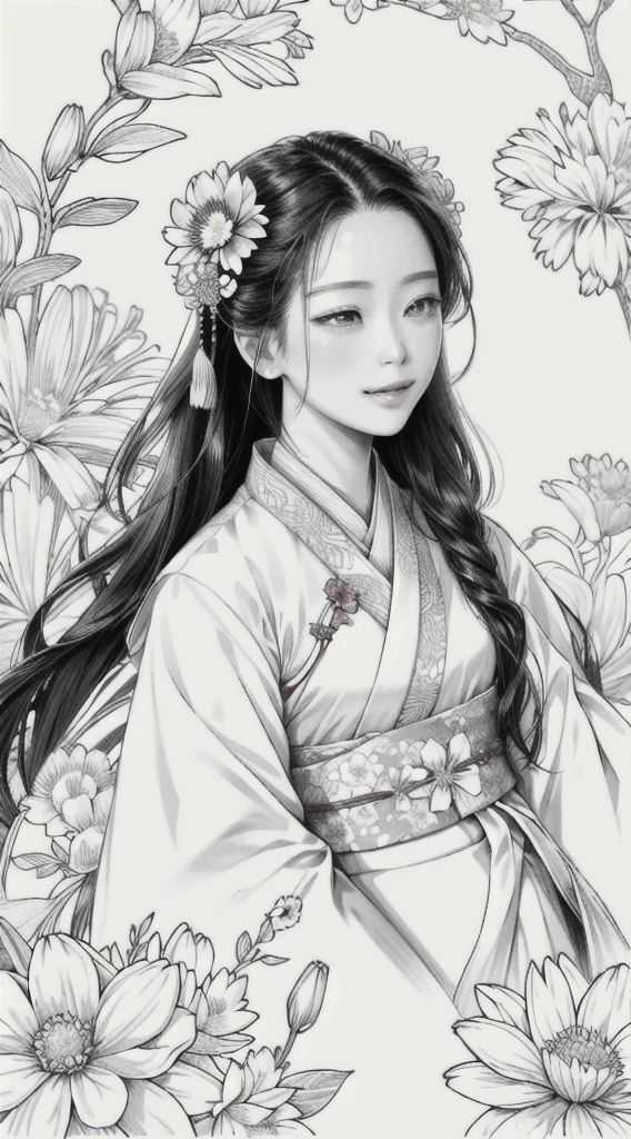 Masterpiece, Best Quality, 1girl, Head Close-up, Hanfu, Fantasy, Flower, Flower Line Drawing Background, Art Line, Monochrome,