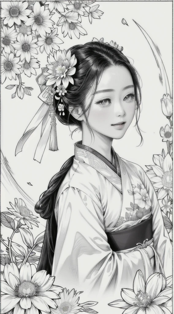 Masterpiece, Best Quality, 1girl, Head Close-up, Hanfu, Fantasy, Flower, Flower Line Drawing Background, Art Line, Monochrome,