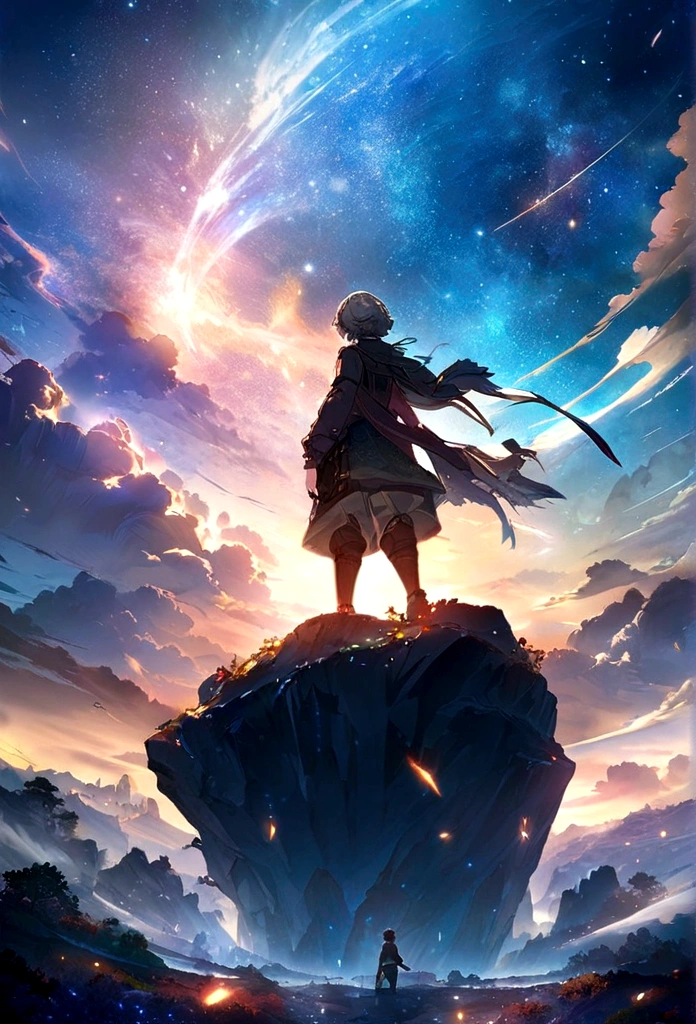 Anime boy standing on a rock and looking at the star-filled sky, Makoto Shinkai Cyril Rolando, anime art wallpaper 4k, anime art wallpaper 4k, Anime Art Wallpapers 8K, Space Sky. by makoto shinkai, Inspired by Cyril Rolland, Dan Mumford&#39;s Artwork Style, Awesome Wallpapers, by Yuumei, Gray Hair