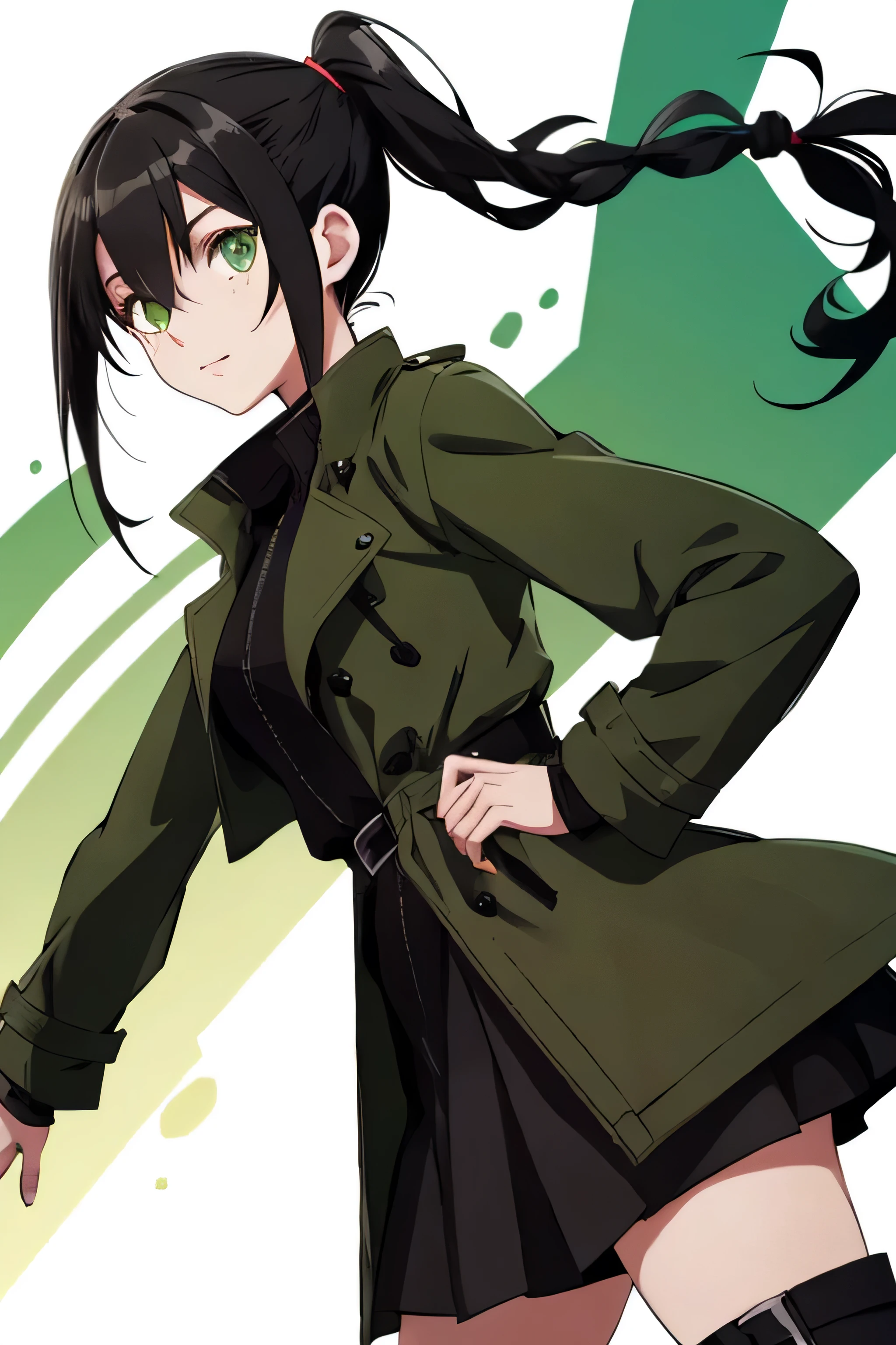 high quality, anime girl hunter with black hair braided ponytail, freckles, green eyes, black trench coat, black boots