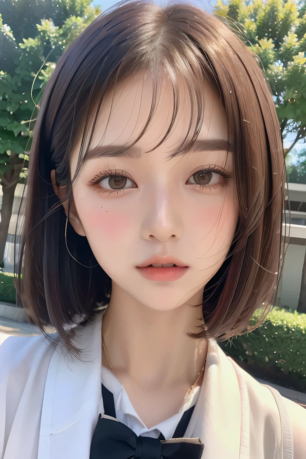 (highest quality:1.3)、(Masterpiece:1.4)、Raw photo、8k、(Highest Resolution)、(Highest quality)、high resolution、(from the front)、Beautiful face in every detail、Realistic human skin、(Long bob hair:1.3)、(Straight Hair)、((Low hair volume))、Shirahime cut hairstyle、(Young and pretty Asian face), (Beautiful Asian Girl),((Ulzzang))、(Her eyes are big)、Attractive woman、(Attractive lips)、The corners of the mouth rise、(With bangs))、(No makeup)、Beautiful Hair、(Blushing:1.17)、(Japanese high school girls)、(Schoolgirl uniform)、、(JK Ribbon)、A bow tie、I want to kiss、(I want you to kiss me)、garden