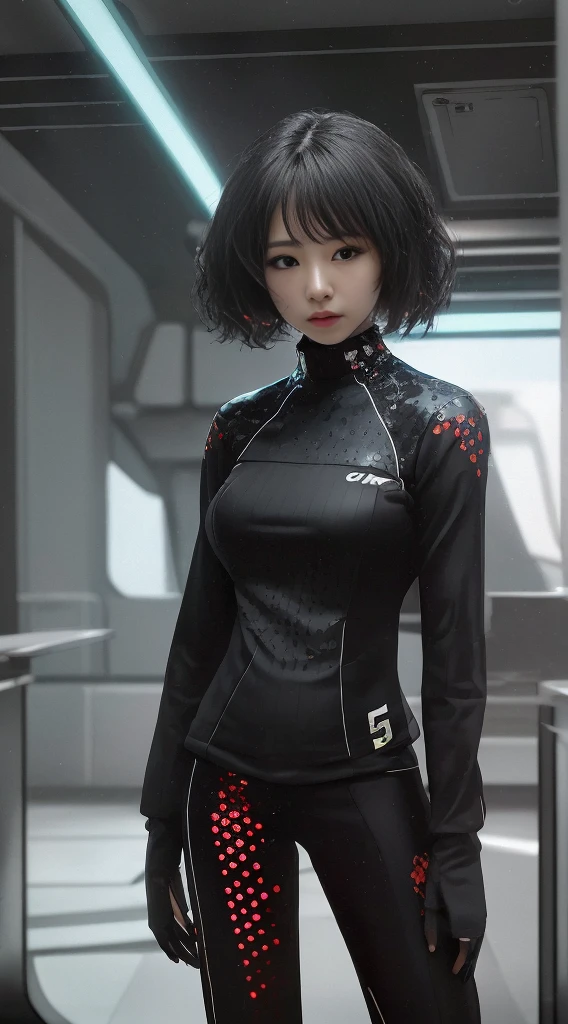 (RAW photo, best quality), (realistic, photo-realistic:1.3), best quality, highly detailed, fking_scifi, an award-winning photo of a Chinese girl, black combat suit with red dots, black hair, (Black Eyes: 1.35), Beautiful Face, Beautiful Eyes, Super Detail, Chinese 18 Year Old Girl, Short Hair, Asymmetrical Face, Standing in front of a Spaceship Window, Full Body, 50 mm, Background Blur, Mass Effect, Anthem, fking_cinema_v2