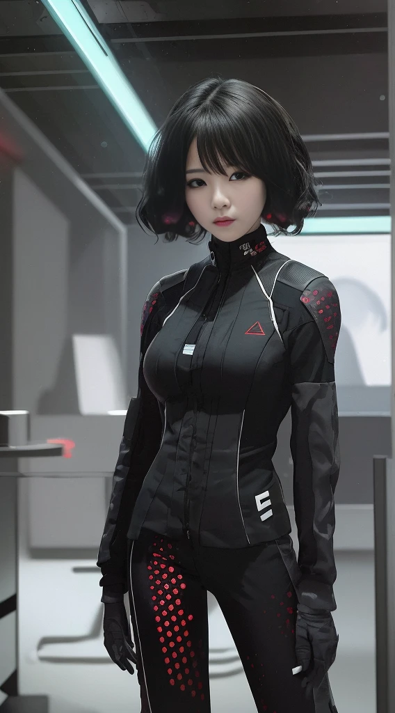 (RAW photo, best quality), (realistic, photo-realistic:1.3), best quality, highly detailed, fking_scifi, an award-winning photo of a Chinese girl, black combat suit with red dots, black hair, (Black Eyes: 1.35), Beautiful Face, Beautiful Eyes, Super Detail, Chinese 18 Year Old Girl, Short Hair, Asymmetrical Face, Standing in front of a Spaceship Window, Full Body, 50 mm, Background Blur, Mass Effect, Anthem, fking_cinema_v2