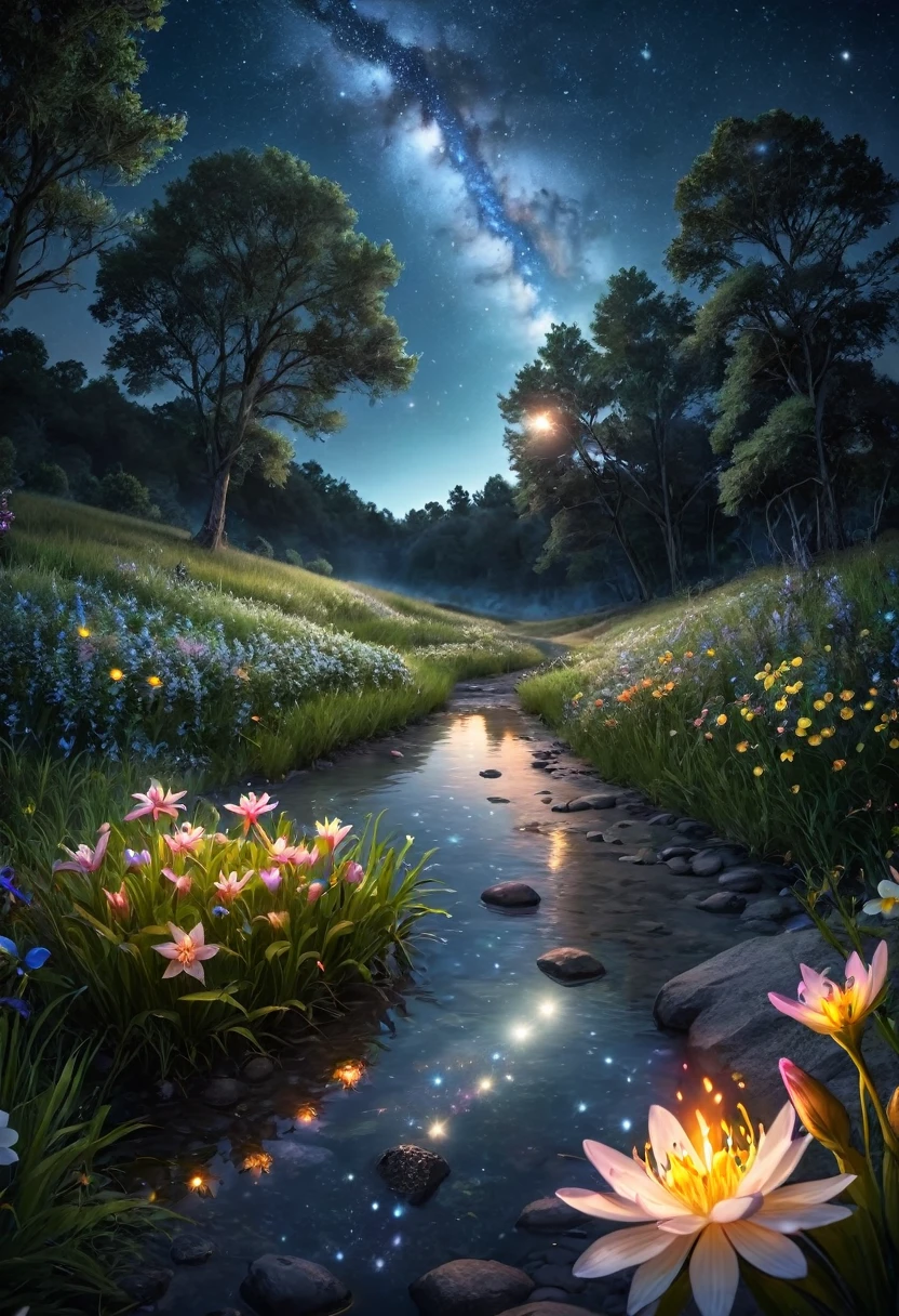 (masterpiece,best quality,absurdres,4k:1.2),landscape, moonlight, night time, stars, fireflies, flowers. night time, magical, fantasy, mythical, 4k, 8k, extremely clear, masterpiece, field of depth, hdr, detailed, hyper quality, vibrant, sharp focus, good composition, vivid, bright colors, high contrast,small creek reflecting starry sky