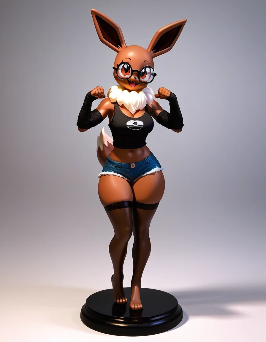 Solo, score_9,score_8_up,score_7_up, an Anthro furry female eevee pokemon, brown eyes, bald, tall slender body, figure body, wearing black tank top, nerdy glasses, black arm warmers, jean shorts, black thigh highs with exposed toes, 4, bashful pose, big happy smile,