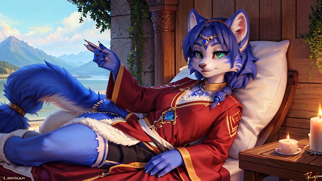 A beautiful and detailed (sweet picture) von ((Krystal)), Sternenfuchs Krystal, Schlank, liebenswert, green eyes, medium breasts, (((Lange blaue Haare 1.3))),  ((schwarze haarspitzen)), Dekollete, Grinsen, hoch schauen,, anthro, Pelzig, Hochgeladen E621, detailed flauschige fur, (von Fluff-Kevlar, Bayard Wu, Personalami, Pino Daeni), detailliertes Gesicht, (flauschige), 1 girl, Allein,  Stammes-Kleidung, sweet girl, solo, wears a mages robe

