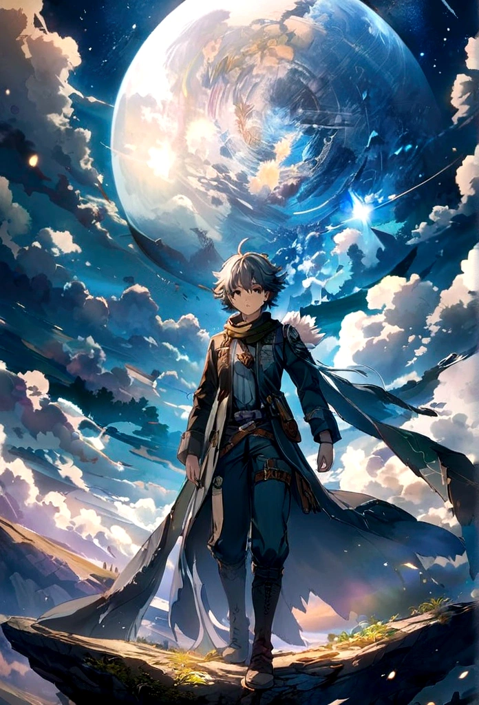 Anime boy standing on a rock and looking at the star-filled sky, Makoto Shinkai Cyril Rolando, anime art wallpaper 4k, anime art wallpaper 4k, Anime Art Wallpapers 8K, Cosmos Sky. by makoto shinkai, Inspired by Cyril Rolland, Dan Mumford&#39;s Artwork Style, Awesome Wallpapers, by Yuumei, Gray Hair