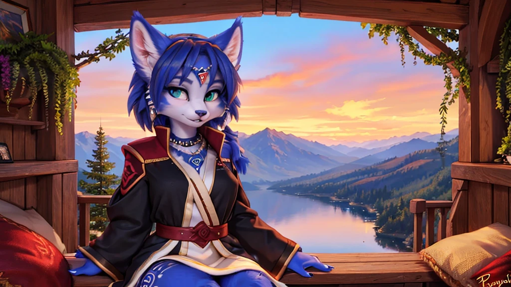 A beautiful and detailed (sweet picture) von ((Krystal)), Sternenfuchs Krystal, Schlank, liebenswert, green eyes, medium breasts, (((Lange blaue Haare 1.3))),  ((schwarze haarspitzen)), Dekollete, Grinsen, hoch schauen,, anthro, Pelzig, Hochgeladen E621, detailed flauschige fur, (von Fluff-Kevlar, Bayard Wu, Personalami, Pino Daeni), detailliertes Gesicht, (flauschige), 1 girl, Allein,  Stammes-Kleidung, sweet girl, solo, wears a robe


