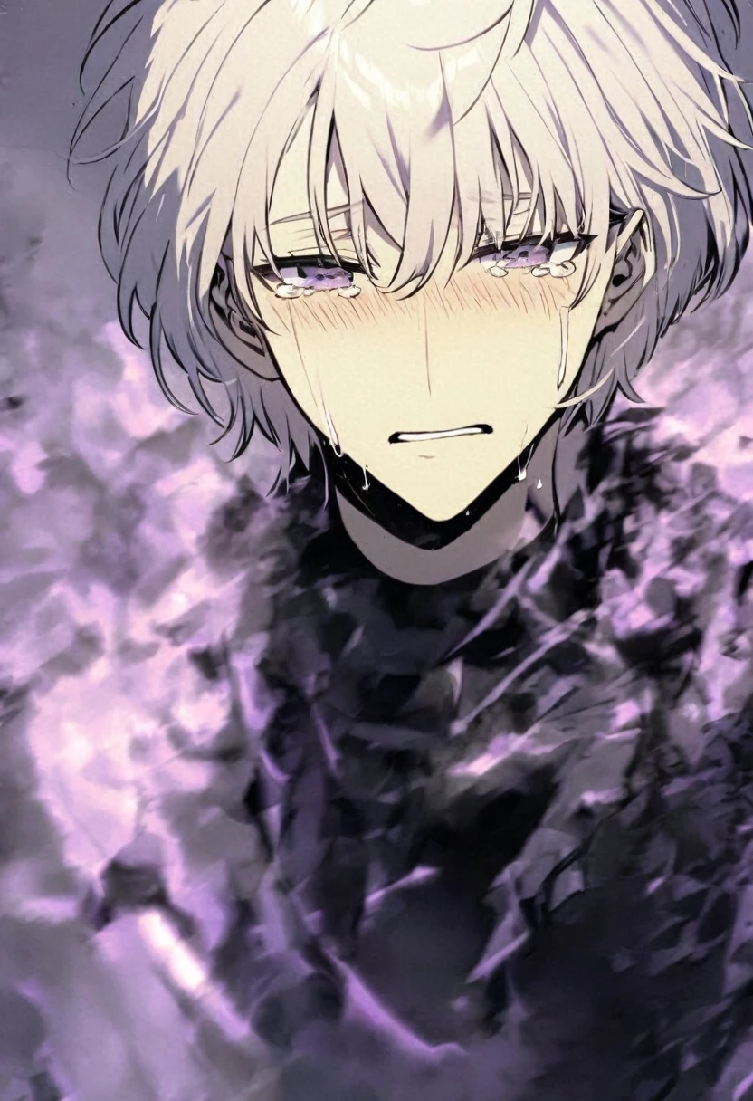 amazing, alone, male, Short hair, tearful, light lavender hair, purple eyes, black shirt, black pants, black and white coat