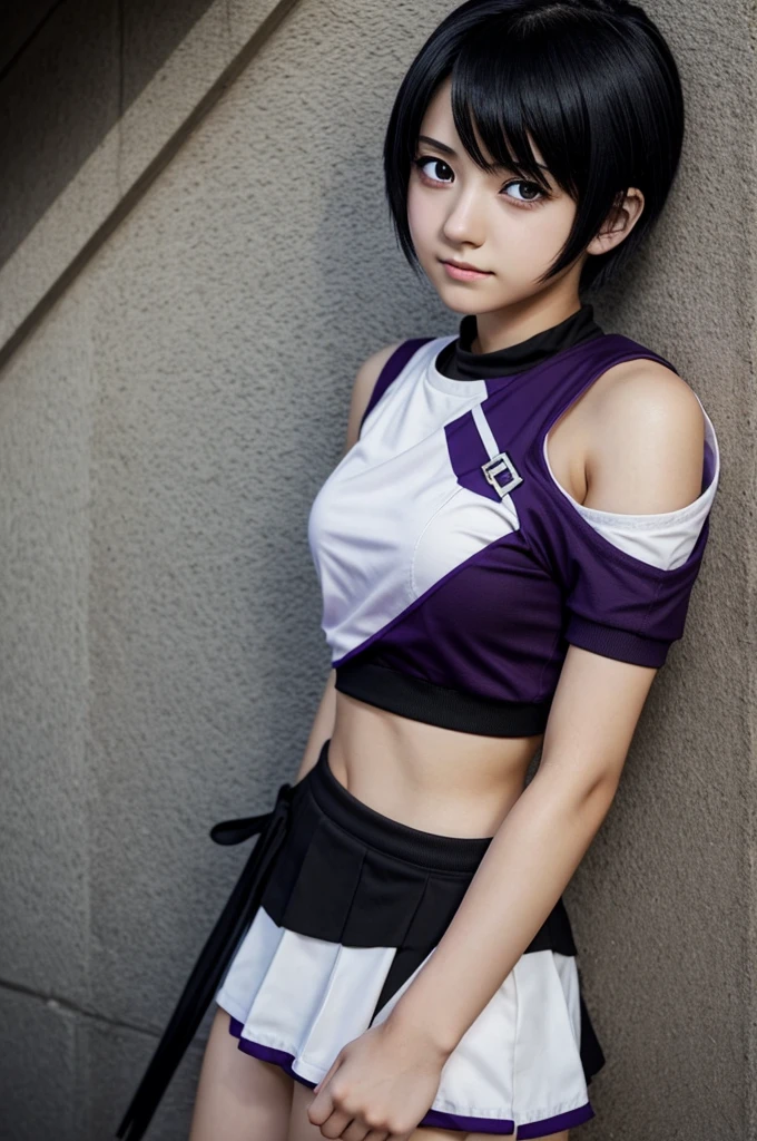 anime girl from boku no hero with short black hair to the shoulders, black eyes with purple,  