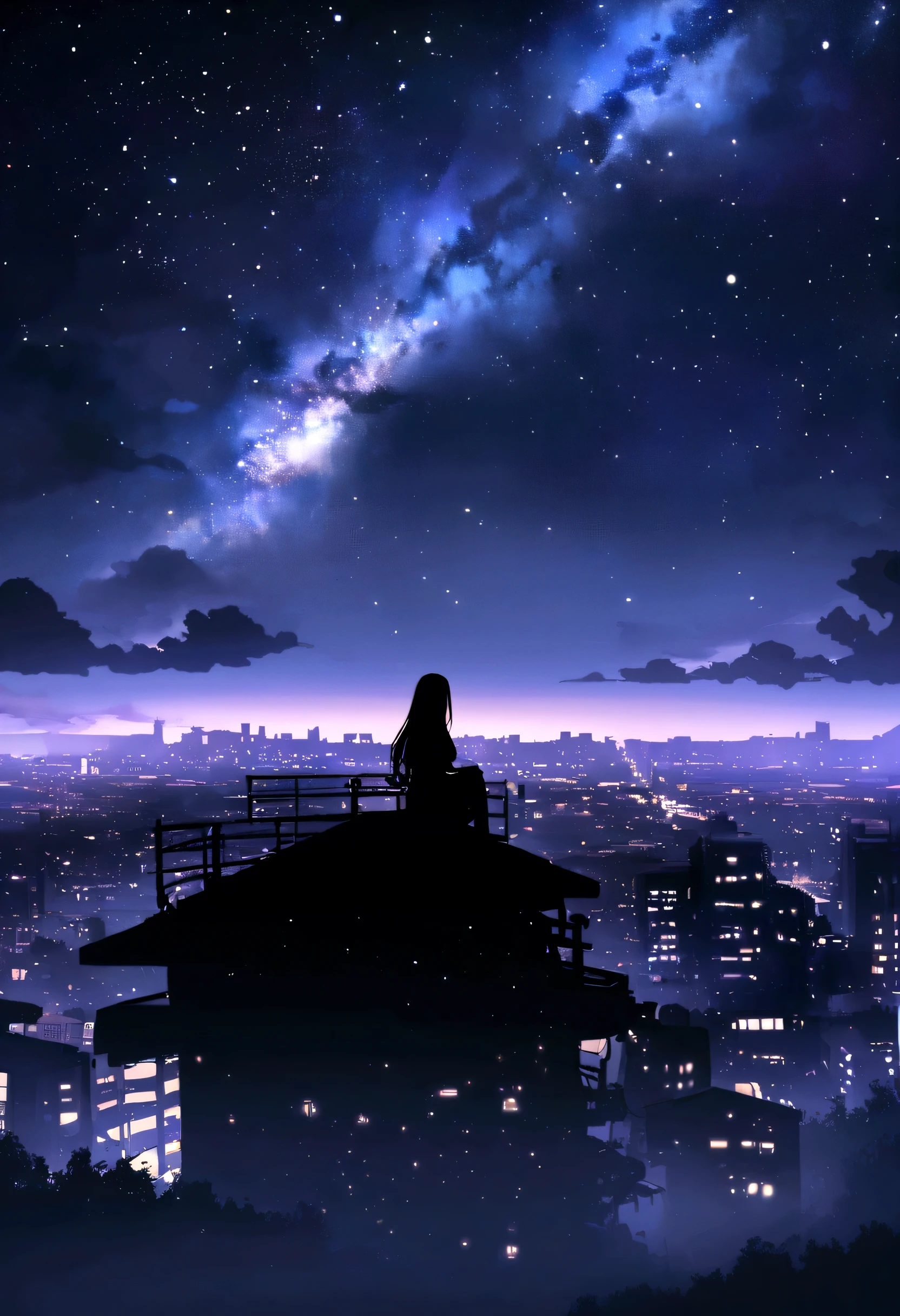 Octane, null, star (null), scenery, starry null, night, One girl, night null, alone, Outdoor, building, cloud, milky way, Sitting, wood, Long Hair, city, silhouette, cityscape