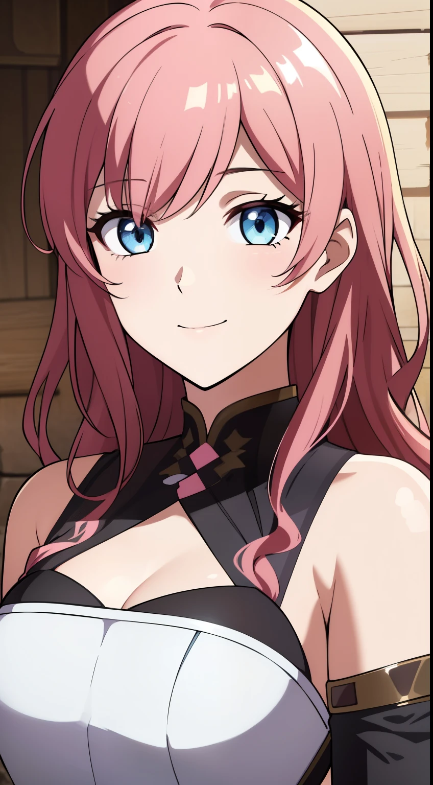 (high-quality, breathtaking),(expressive eyes, perfect face) Symmetrical Eyes, portrait, 1girl, pink and brown hair color, multicolored hair, yellow highlights, bright blue eyes, blue and white armor, black curly hair, wavy hair, bare shoulders, smiling, fantasy armor, Neopolitan RWBY, detached sleeves, long hair length, black shawl
