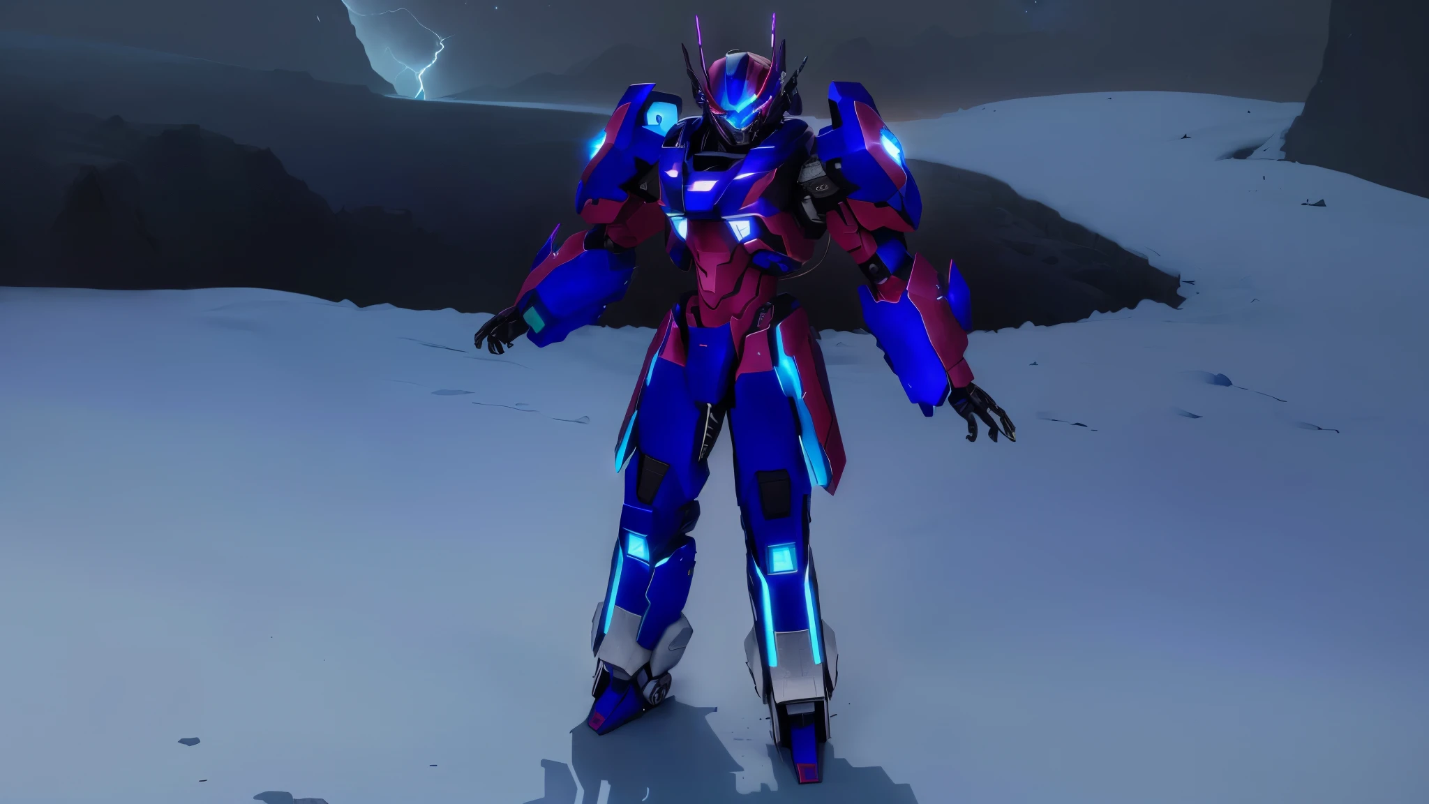 a blue colored female transformer with purple inserts, symmetrically arranged purple parts, on the back - hellicopter wings, arms from elbows to hands look like the front part of a helicopter, on the legs from knees to the ankle there are helicopter's repulsors and small heicopter's tail wings, no helmet, light blue eyes, two legs, two arms, not a suit, on a background there is an snowy dark blue metal desert, no buildings, no structures, dark blue storm clouds, light blue lightning from the clouds, blue river, river to the horizon, electrified river, light blue lightning from the river, space sky, stars in the sky, composition on the metal planet, big metalic planet, dark-blue metal, shiny metal, cybertron, mechanical planet, empty wasteland, dark blue storm clouds, light blue lightning from clouds, blue river, river to horizon, electrized river, light blue lightning from river, space sky, stars on the sky, realistic, watercolor, 4k, high quality, hight attention to details, concept art, concept art by Chris Mowry.