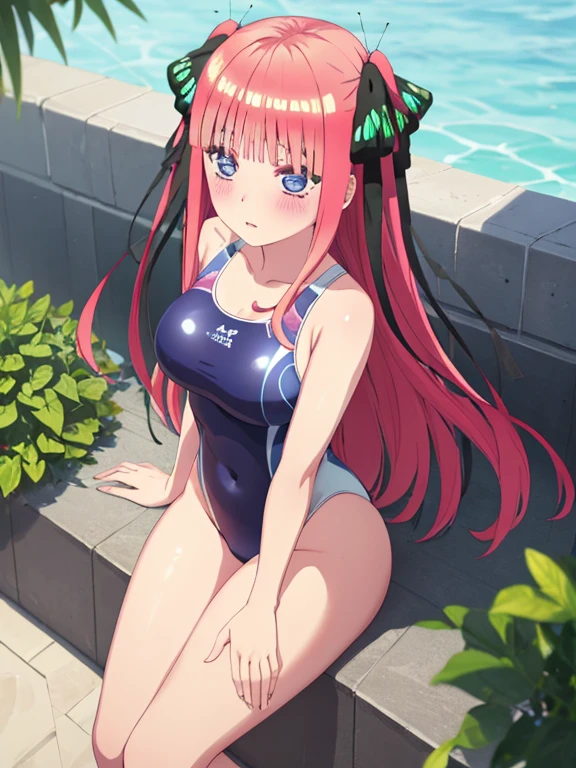 masterpiece, best quality, insanely detailed, beautiful, nino nakano, long hair, bangs, blue eyes, hair ornament, hair ribbon, pink hair, blunt bangs, two side up, butterfly hair ornament, blush, large brests, High leg swimsuit, one-piece swimsuit