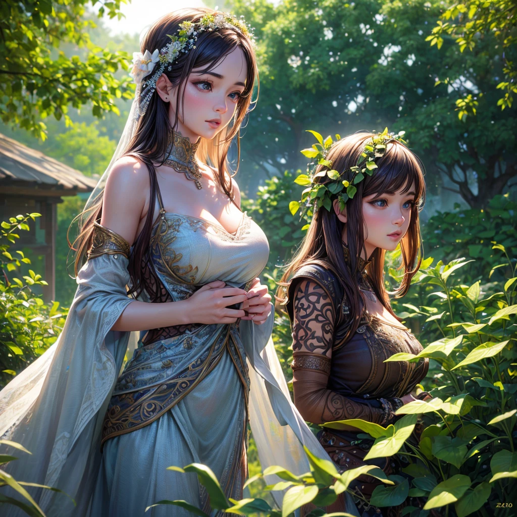 a beautiful woman with long flowing hair, detailed eyes, lush lips, fantasy forest background, magical glowing lights, colorful flowers, sunlight beaming through trees, detailed leaves and foliage, intricate fantasy elements, mist and fog, warm color tones, cinematic lighting, highly detailed, 8k, photorealistic, masterpiece
