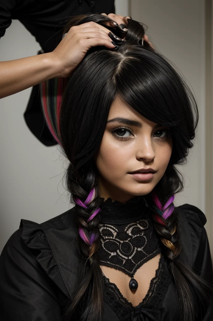 1 chica,El sentido de Depp,Confundido,captar la luz,super beautiful illustration,(de color negro,peinados largos:1.6),Giro de vuelta,sombra,gothic lolita,parte superior del cuerpo,;d,hermoso y delicado cabello suelto,ojos azules delicados y detallados,pecho enfatizado grandes