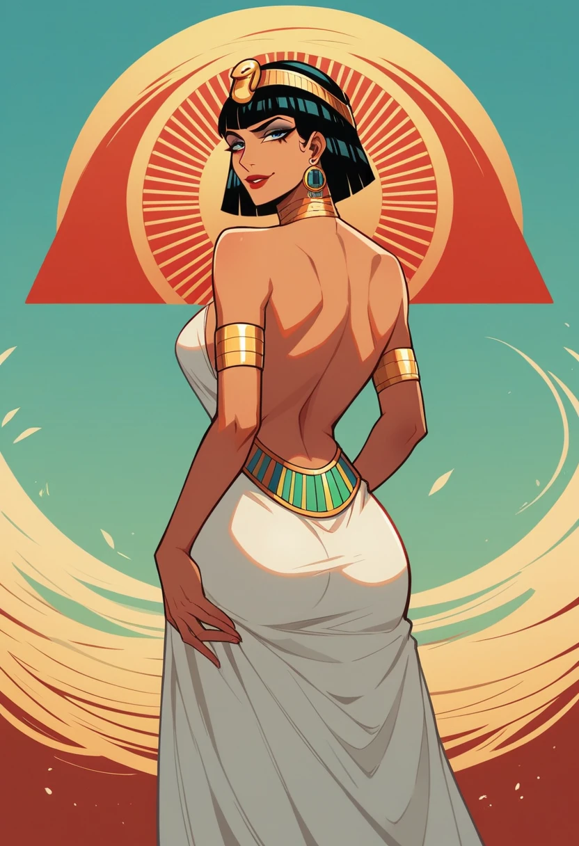 ultra realistic, Egyptian pyramid and river background , cleopatra milf, 38 year old, ( long decorated (cleopatra dress)), (back view), touch herself sensually, long dark weavy hair, red lips, sensual smile, medium breast, cleopatra jewlery, look at viewer, red sun light, 8k
