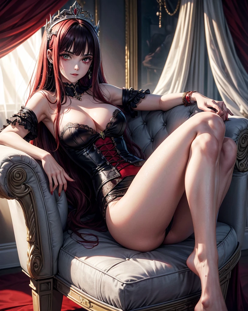 (melhor qualidade), (Obra de arte), (high resolution), [:detalhes intrincados:], (fundo detalhado) uma mulher vampira sexual encapuzada sentada em um trono com caveiras ao redor dela, ela tem olhos vermelhos,her clothes are red, her skin is white like a vampire&#39;s, arte de fantasia sombria, rainha vampira, gothic fantasy art, feiticeira negra, Abadon e Magali Villeneuve, arte de estilo fantasia sombria, HD epic fantasy art style, evil sorceress, necromancer sorceress, arte de fantasia sombria, linda necromante, (sage aura effect around the throne)