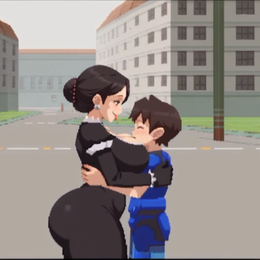 woman and male , score_9, score_8_up, score_7_up, side view, city background, rcklgnd, huge breasts, mega sexy gothic woman, 1girl, smile, black dress, cleavage, curvy, wide hips, detailed, huge ass,
male , hug, male  hug woman, hard hug, smile, woman and shota, size difference, age difference, hard hug, kiss, woman trying to kiss shota, trying kiss, hot female, pedomom, milf, milf trying to rape male shota, tongue out, saliva drip, woman lick nose with tongue, tongue out, lick tongue,