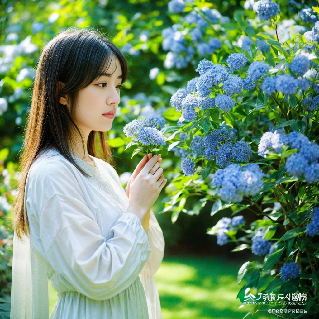 A garden with a calm and relaxing atmosphere。CD jacket image、beautiful flower々or blue々The plant life is depicted.、There the mind is at peace、People who find healing々There are。The gardener woman represents kindness and gentleness.、There is warmth and understanding in her eyes.。The background features blue skies and clear water.、It emphasizes that the place is calm and peaceful.。。 High resolution, masterpiece, highest quality, Intricate details, Very detailed, Clear focus, Delicate skin, practical skin texture, texture, Delicate eyes, Professional, 4K, Shot with Canon, 85mm, Shallow and deep, Kodak Vision Color, Exactly, Very detailed, photograph_\(Extremist\), photographpractical, practical, Post-processing, Maximum details, Roughness, Real Life, Extremist practical, Photorealism, photographgraphy, 8K Ultra HD, photographgraphy
