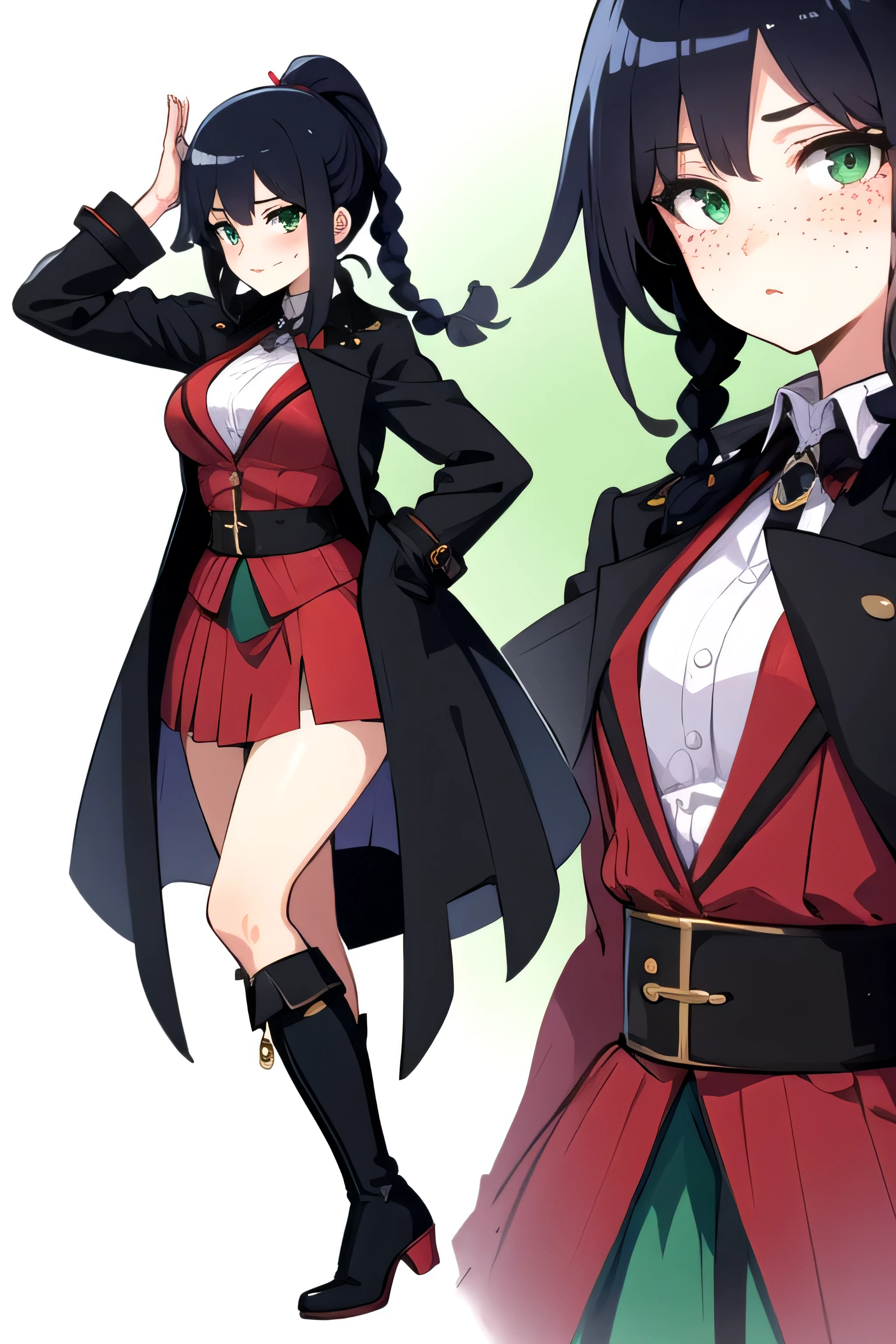 high quality, anime girl hunter with black hair braided ponytail, freckles, green eyes, black trench coat, black boots, red dress 

