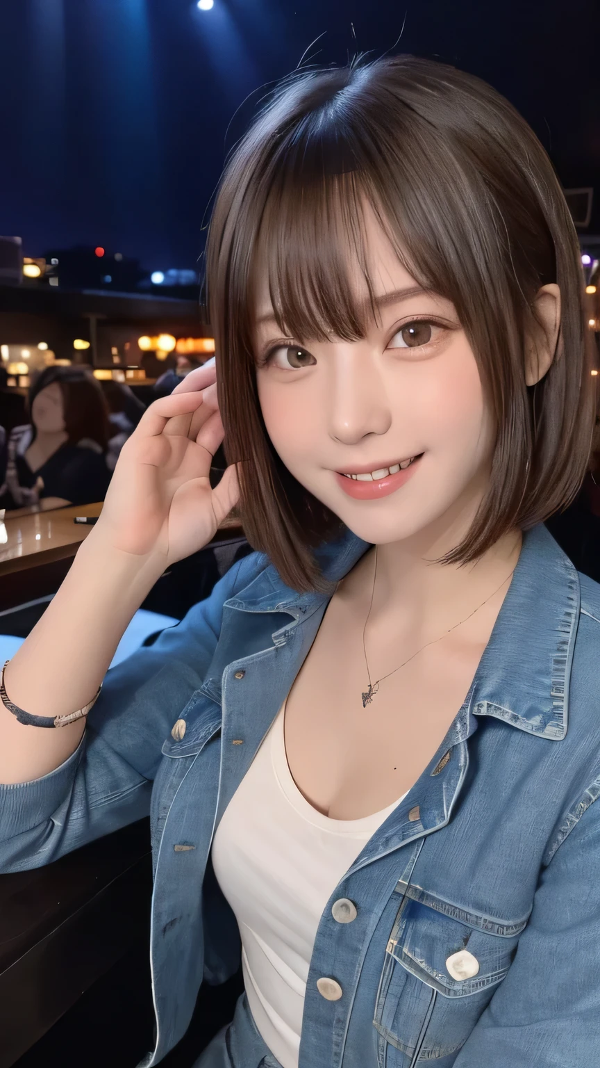 closeup shot , Best picture quality (8K, high resolution, Masterpiece: 1.2), super detailed,  215 Short Hair, 16-year-old woman, 

situation: A scene of friends enjoying a night out at a bar or club。
clothing: Stylish night out clothing（Shirt and jeans、Jacket、Dress shoes）。Hair styled stylishly。
angle: Night city neon and lights background、A wide-angle shot of friends toasting at a bar or club。Scenes of people dancing to music、Close-up of a man having fun with friends。

Close-up of face 

, random cute pose ,big eyes ,Puffy eyes ,  Heart Pupil, blush  , huge shy smile , salute
