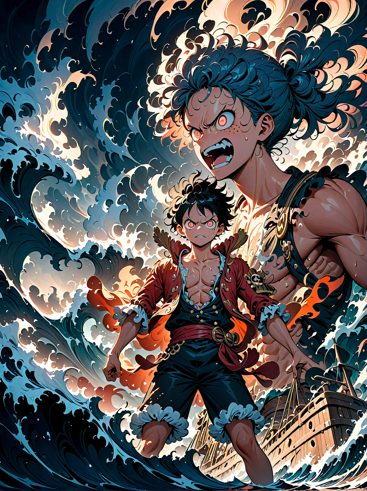 a powerful and energetic one piece character Luffy, with intense expression, burning determination and unyielding spirit, standing heroically on a pirate ship, surrounded by massive ocean waves, (best quality, 8k, highres, masterpiece:1.2), dynamic lighting, cinematic composition, dramatic color palette, striking pose, wild hairstyle, detailed facial features, glowing eyes, determined expression, muscular body, pirate outfit, sailing ship, crashing ocean waves, stormy sky, (epic,heroic:1.2)