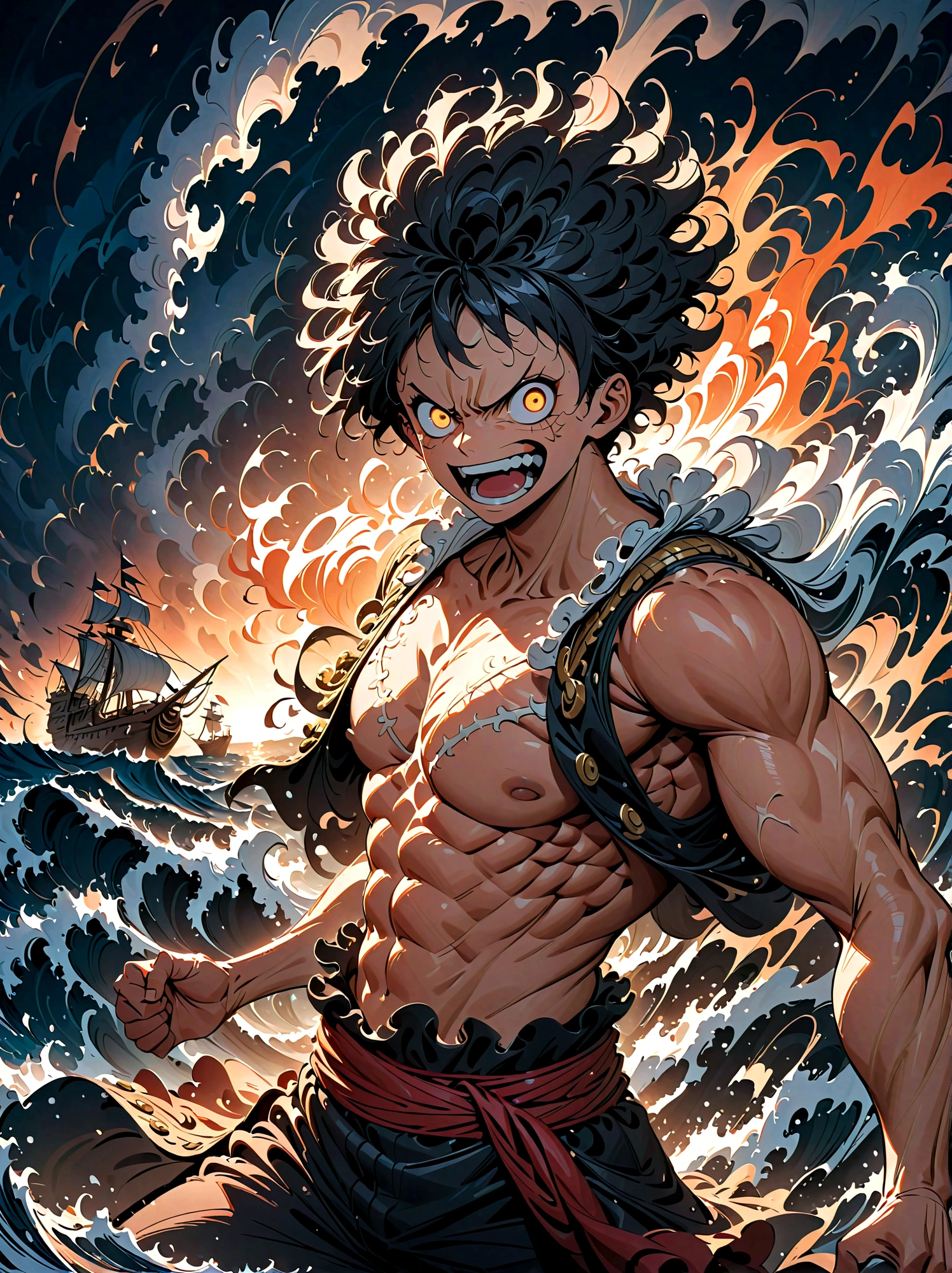a powerful and energetic one piece character Luffy, with intense expression, burning determination and unyielding spirit, standing heroically on a pirate ship, surrounded by massive ocean waves, (best quality, 8k, highres, masterpiece:1.2), dynamic lighting, cinematic composition, dramatic color palette, striking pose, wild hairstyle, detailed facial features, glowing eyes, determined expression, muscular body, pirate outfit, sailing ship, crashing ocean waves, stormy sky, (epic,heroic:1.2)